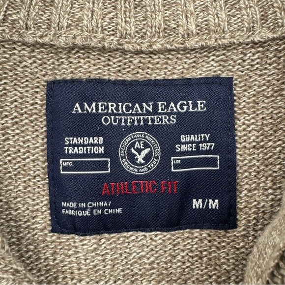 American Eagle Beige Tan Cotton Half Zip & Button Up Knitted Sweater Athletic M - Picture 10 of 11